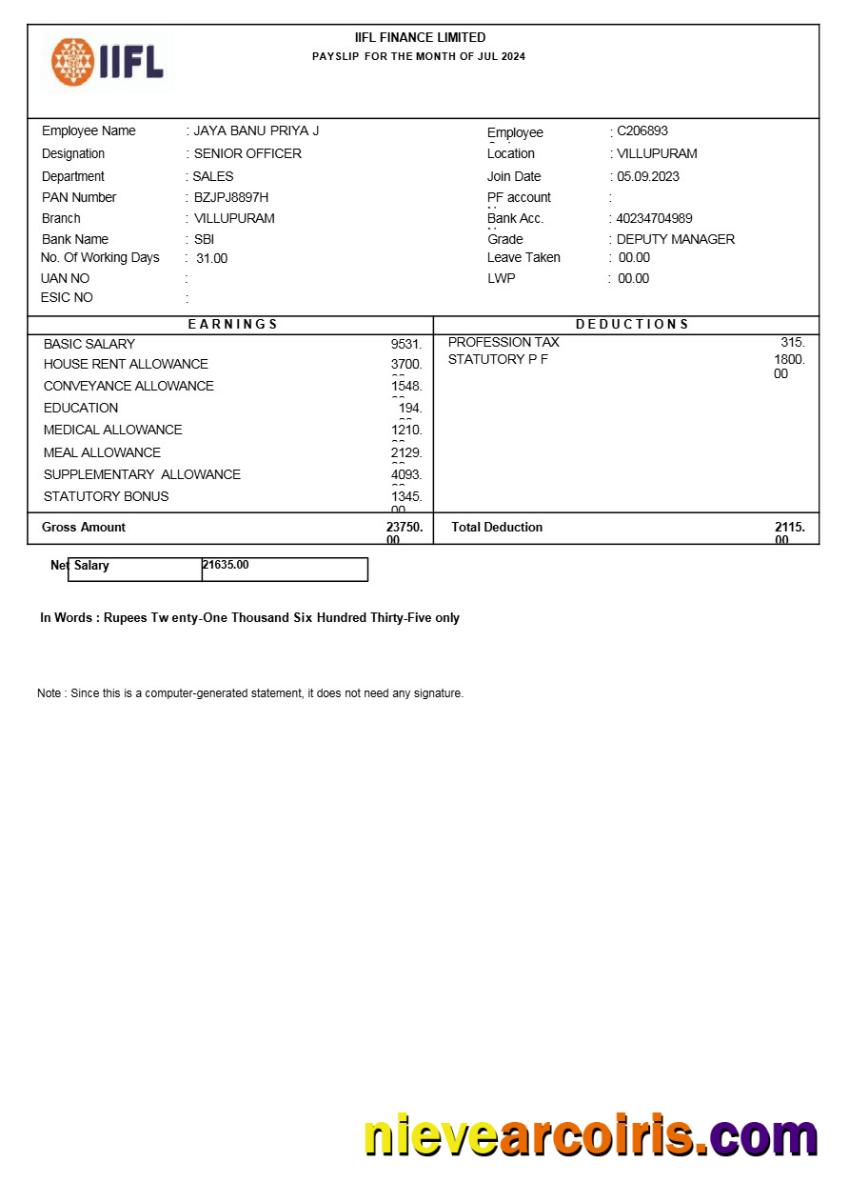Iifl Finance payslip